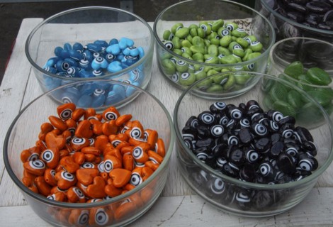 Souvenir hearts made of glass in different colors made in glassworks in Svaneke on the island of