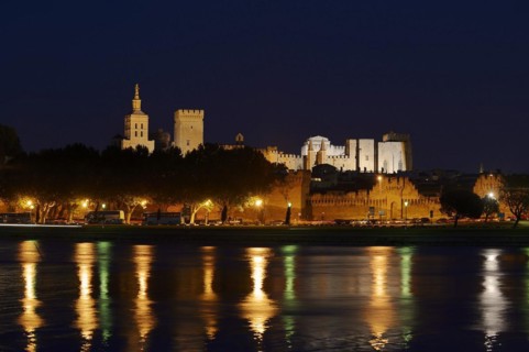 Papal Palace and Notre-Dame des Doms Cathedral at night, Avignon, Vaucluse, Provence-Alpes-Cote