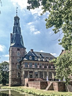 Panoramic photo with reduced dynamic colours in style of old historical photo shows view of