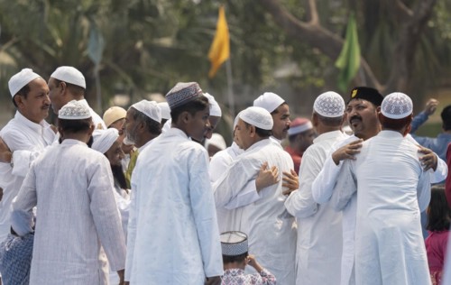 GUWAHATI, INDIA, APRIL 11: Muslims greets each other after perform Eid al-Fitr prayer at Eidgah in