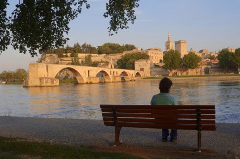 Woman on a park bench on the banks of the Rhone, Pont Saint Benezet bridge, Papal Palace and