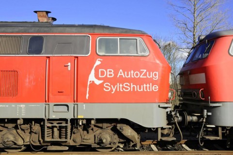 Close-up of the red Sylt Shuttle train with DB AutoZug logo, Sylt, North Frisian island,