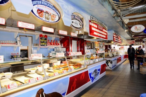 List, harbour, Sylt, North Frisian island, view into a hall with sales counters for fresh fish and