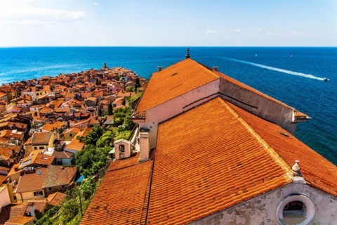 View from the bell tower over Piran, harbour town of Piran on the Adriatic coast with Venetian