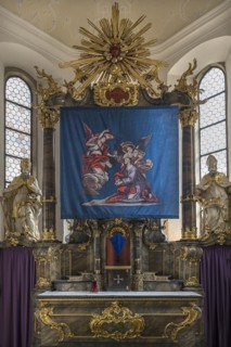 Historic Lenten cloth, made in 1726, in front of the main altar, St Nicholas parish church,