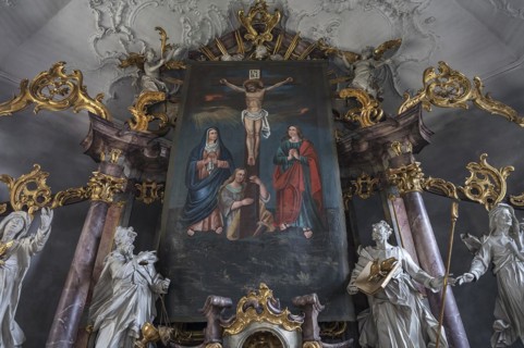 Historic Lenten cloth in front of the high altar, St John the Baptist, Ochsenfurt-Hohestadt, Lower