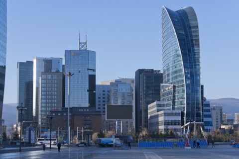 Blue Sky Tower and statue of Damdin Suekhbaatar on Sukhbaatar Square, Chinggis Square in the
