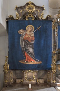 Historic Lenten cloths made in 1726, left side altar, parish church of St Nicholas, Gundelsheim,