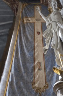 Historic Lenten Shroud hangs behind the Holy Sepulchre, St Wendelin, Kirchenweg 8, Eyershausen,