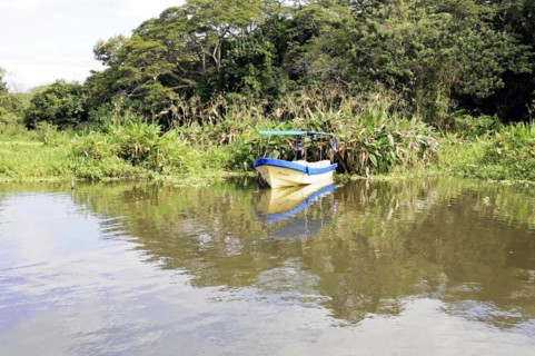 Granada, Nicaragua, A boat glides gently on the calm Nicaragua Lake surrounded by dense vegetation,