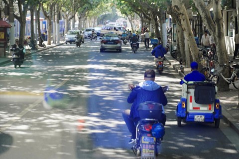 Traffic in Shanghai, Shanghai Shi, View of a busy street with shady trees and various vehicles,