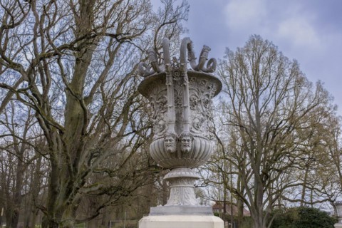 Cast zinc vase on a pedestal in the castle park, Ludwigslust, Mecklenburg-Vorpommern, Germany,