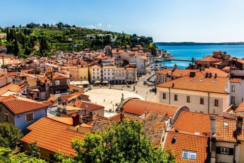 View from the bell tower over Piran and Tartin Square, harbour town of Piran on the Adriatic coast