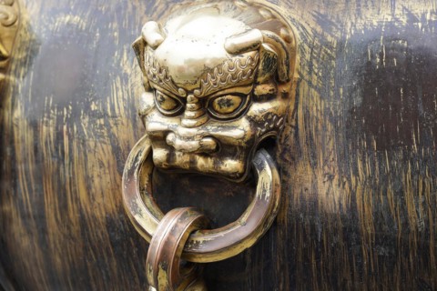 China, Beijing, Forbidden City, UNESCO World Heritage Site, Close-up of the golden lion's head