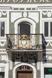 Old, decorated balcony at the old pharmacy on Marienplatz, district of Garmisch,