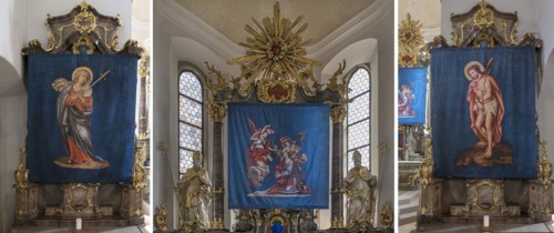 Compilation of three historical Lenten cloths, made in 1726, in front of the altars, St Nicholas