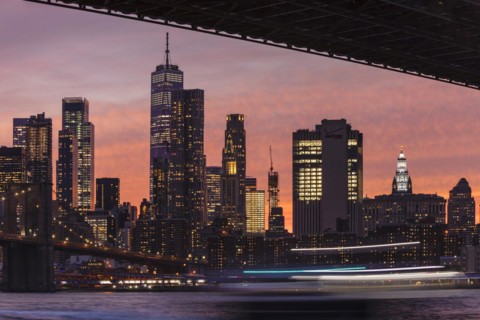 View over the East River to Lower Manhattan with One World Trade Centre, New York City, New York,