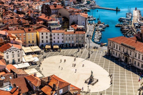 View from the bell tower over Piran and Tartin Square, harbour town of Piran on the Adriatic coast