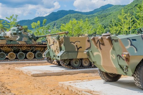 Military landing craft and tank used in Korean war on display in public park in Nonsan, South