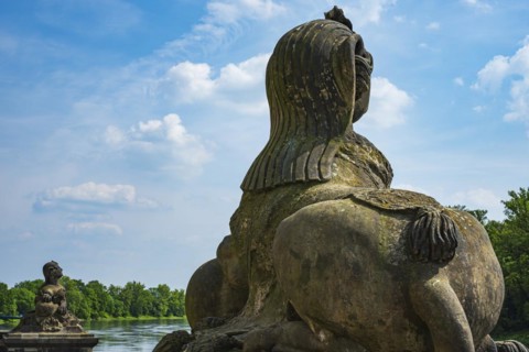 Sphinx on the grand staircase of Pillnitz Palace on the Elbe in Pillnitz, Dresden, Saxony, Germany,