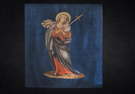 Historic Lenten cloth, made in 1726, on a black background, parish church of St Nicholas,