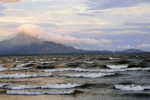 Lake Nicaragua, in the background the island of Ometepe, Nicaragua, Dramatic view of a lake with