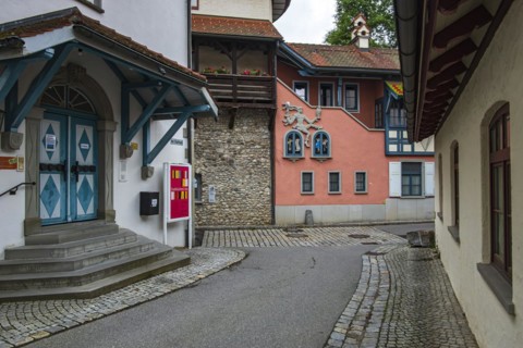Historic factory building, at the time of the photo the seat of the Isny public library, and parts
