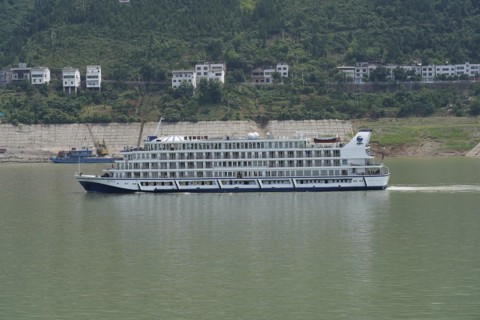 Cruise ship on the Yangtze River, A large white cruise ship is anchored in the river near green