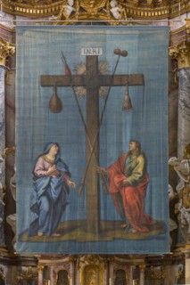Historic Lenten cloth, around 1750, in front of the altar, St Roch's Monastery Church, Ebrach,