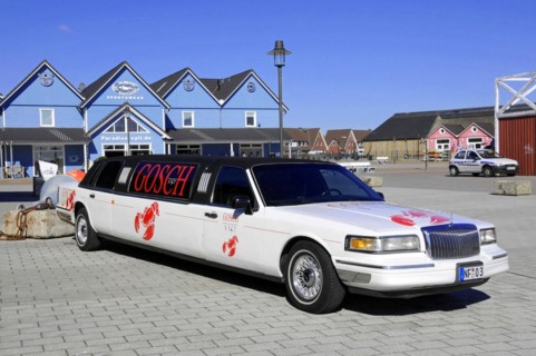 List, harbour, Sylt, North Frisian island, A white stretch limousine with eye-catching red GOSCH