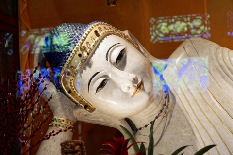 Reclining Jade Buddha, Jade Buddha Temple, Shanghai, Reclining Buddha with coloured light