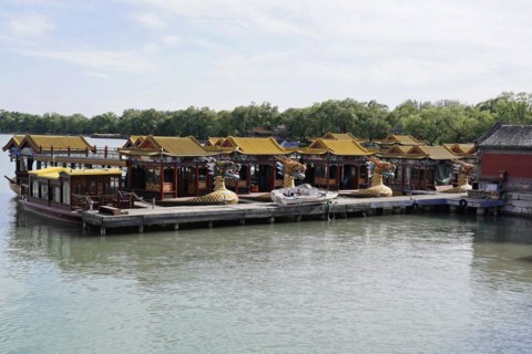 New Summer Palace, Beijing, China, Asia, Chinese ship on the shore of a lake under a clear blue