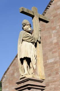 Kaysersberg, Alsace Wine Route, Alsace, Departement Haut-Rhin, France, Europe, Stone statue of a