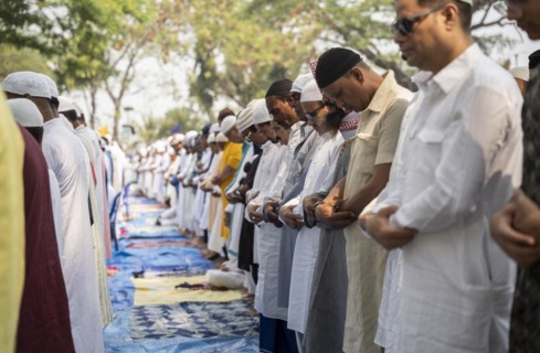 GUWAHATI, INDIA, APRIL 11: Muslims gather to perform Eid al-Fitr prayer at Eidgah in Guwahati,