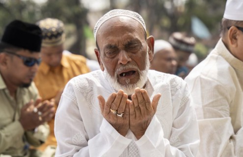 GUWAHATI, INDIA, APRIL 11: Muslims gather to perform Eid al-Fitr prayer at Eidgah in Guwahati,