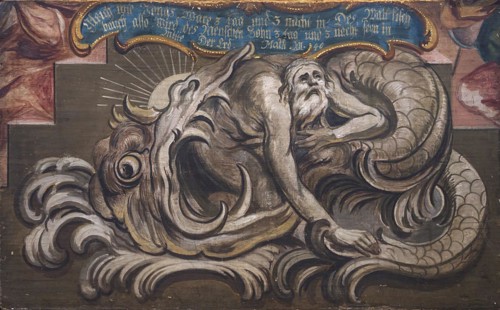 Detail of the Holy Sepulchre, the prophet Jonah, spat out by the great fish, whale, around 1750, St