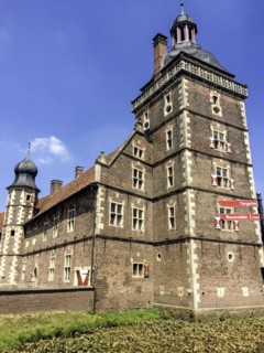 View of in the foreground Sterndeuterturm stands in moat around behind it on the left outer bailey