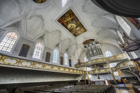Organ loft, Dreifaltigkeitskirche, Kaufbeuern, Allgaeu, Swabia, Bavaria, Germany, Europe