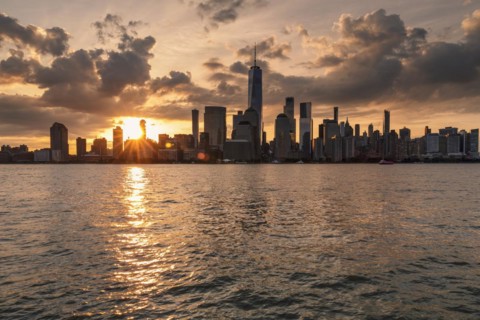 Manhattan skyline with One World Trade Centre at sunrise, New York City, New York State, USA, New