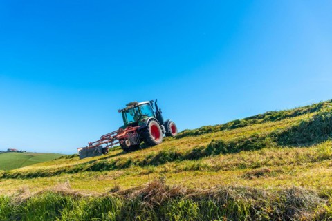 A tractor is driving down a hillside, plowing the grass. The sky is clear and blue, and the sun is