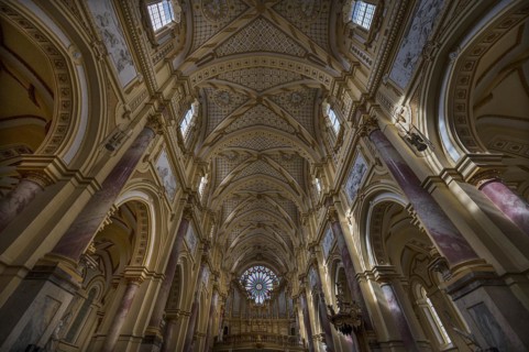 Nave with organ loft and Gothic rose window, Ebrach Abbey, former Cistercian abbey, Ebrach, Lower