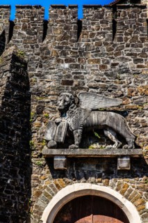 Entrance gate with St Mark's loewe, Gorizia Castle, 11th century, Gorizia, border town to Slovenia,