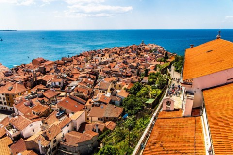 View from the bell tower over Piran, harbour town of Piran on the Adriatic coast with Venetian