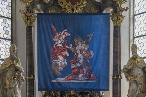Historic Lenten cloth, made in 1726, in front of the main altar, St Nicholas parish church,