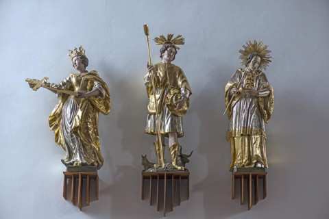 Three figures of saints in St Oswald's Church, Baunach, Upper Franconia, Bavaria, Germany, Europe