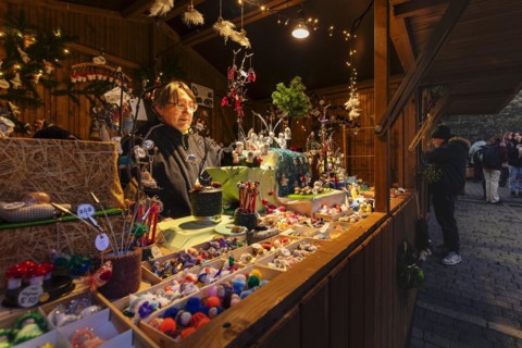 Stand at the Christmas market in Schwaebisch Hall, Baden-Wuerttemberg, Germany, Schwaebisch Hall,