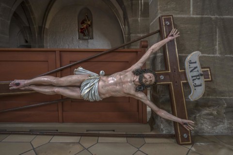 Life-size, carved figure of Jesus on the cross, 350-year-old processional figure in St Michael's