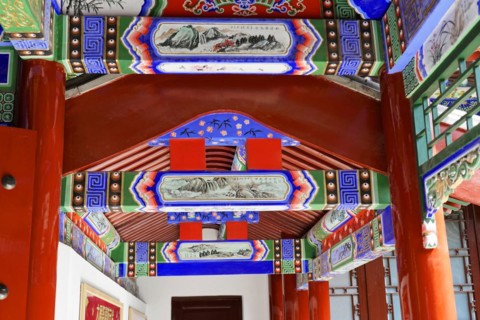 Chongqing, Chongqing Province, China, Asia, Ornamented ceiling with traditional paintings in a