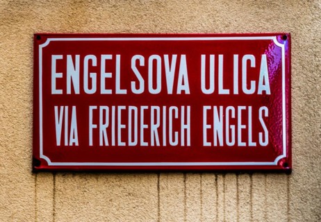 Alstadtgasse with alleyway sign by Friedrich Engels, harbour town of Piran on the Adriatic coast