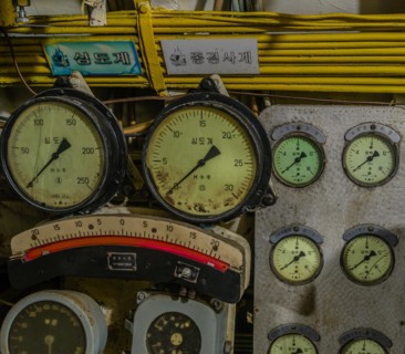 Closeup of gauges and electrical wiring on board submarine on display at Unification Park in
